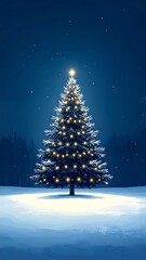 Obraz premium Magical Christmas tree standing alone in snowy landscape at night AI Generative