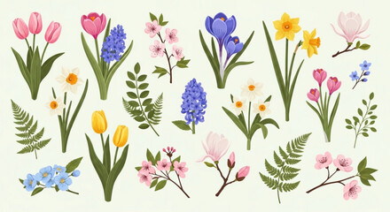 Vibrant spring florals and foliage illustration on light background
