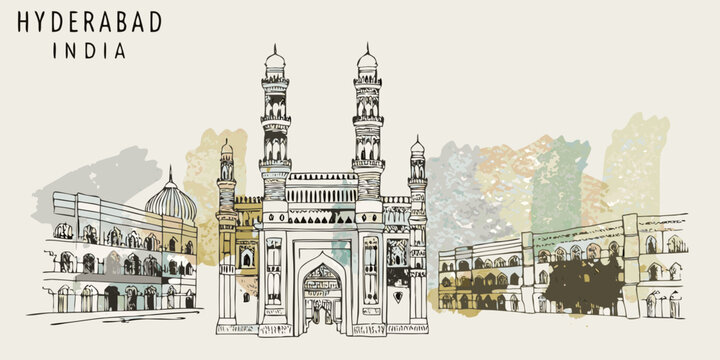 Watercolor illustration of the charminar monument in hyderabad india