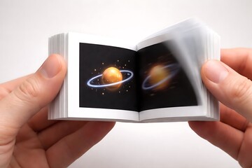 Hands Flipping Through a Saturn Planet Flipbook Animation