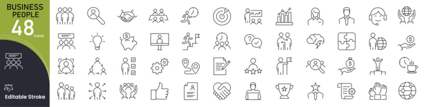 Business People icon set. Office and teamwork related line icons. manager, employee, meeting, leadership, handshake, corporate, communication, collaboration, success and more. Editable stroke.