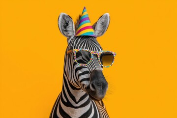 Naklejka premium Festive striped zebra animal in sunglasses portrait