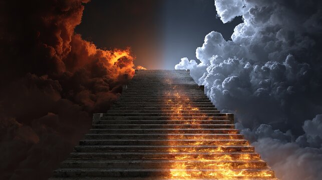 A dramatic staircase leads to heaven and hell with clouds and fire