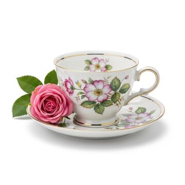 A delicate china teacup and saucer with floral design