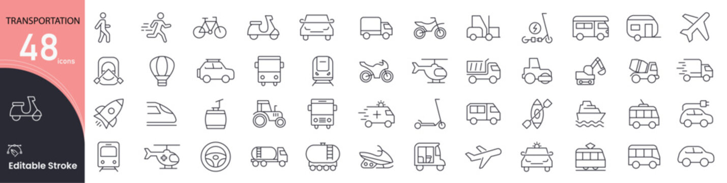 Transportation icon set. Travel and vehicle related line icons: car, bus, train, airplane, ship, truck, scooter, bicycle, traffic, delivery and more. Editable stroke. 