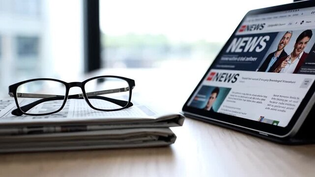 A still life of a tablet displaying a news site, glasses, and a stack of newspapers