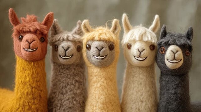 Five woolen brown beige grey alpacas on a dark background
