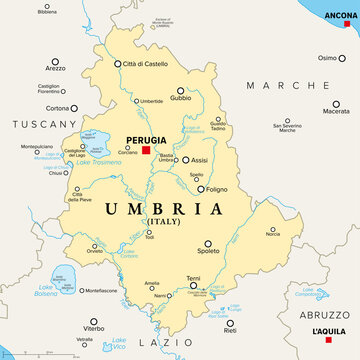 Umbria, a region of central Italy, political map, with capital Perugia. Region on the Italian Peninsula, crossed by the Tiber, with the historic towns Assisi, Orvieto, Gubbio, and Spoleto. Vector