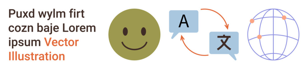 Multilingual communication, translation services, global connectivity, language learning, cultural exchange, user assistance. happy face, speech bubbles arrows and a globe. Multilingual © robu_s