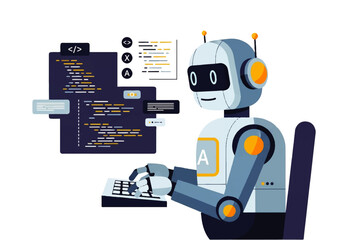 Cartoon humanoid robot coding software on computer screen in futuristic workspace.