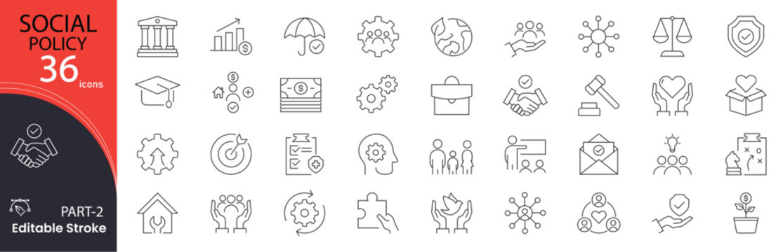Social Policy icon set. Government and welfare related line icons. healthcare, education, housing, employment, equality, poverty, social justice, public service and family support. Editable stroke.