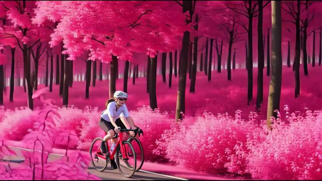 Cyclists ride through pink blossoms on paved roadway during sunset