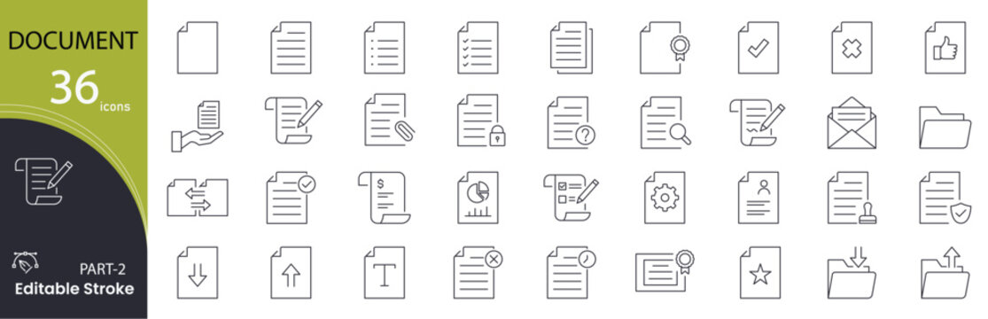 Document icon set. Office and file related line icons. paper, report, contract, file, folder, certificate, ID, clipboard, archive, form, checklist and more. Editable stroke.