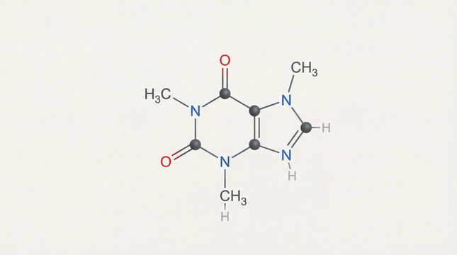 Molecular architecture of Caffeine precisely rendered, unveiling the intricate atomic framework behind this beloved stimulant
