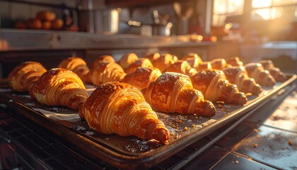 Fresh, golden croissants baking on a sheet, dusted with sugar. Warm light streaming in