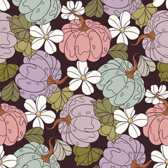 Cotton fabric Retro pastel pumpkins and flowers seamless pattern for autumn harvest and vintage 70s groovy cottagecore aesthetic backgrounds