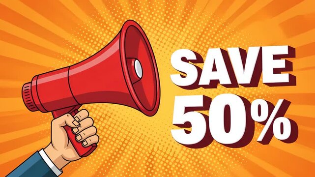 Hand holding red megaphone announcing fifty percent discount sale promotion vibrant background 4K Ai HD high quality video.