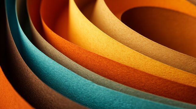 A close-up view of colorful curved paper strips in shades of orange, yellow, and blue.