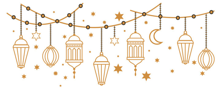 Islamic lanterns and stars isolated on transparent background for ramadan or eid celebration decorations