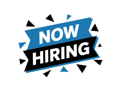 A colorful vector graphic illustration of a now hiring sign with a blue and black banner and triangular shapes on a white background