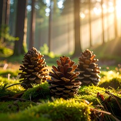 Sunlit pinecones rest on vibrant green moss in a serene forest setting, trees blurred behind