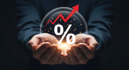 Person holding glass globe with percentage sign and red graph arrow hands glowing light