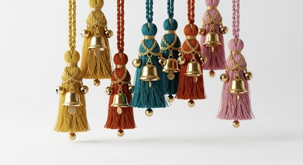 Colorful hanging Christmas ornaments with golden tassels in festive holiday decor