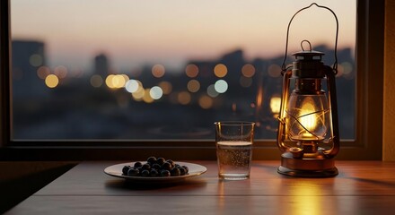 Cozy evening snack with lantern and city sunset view through window