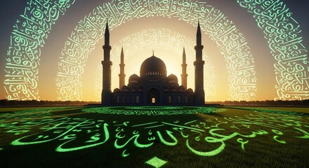 Illuminated Islamic Mosque at Night with Arabic Calligraphy Light Projection