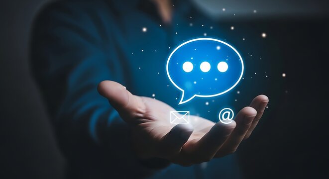 Person holding glowing blue chat bubble with email and at symbols hand email symbol