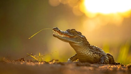 Baby croc catches sun, grass blade dangles