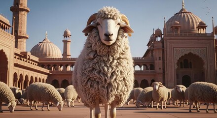 Sheep flock standing in front of historic mosque architecture at sunset