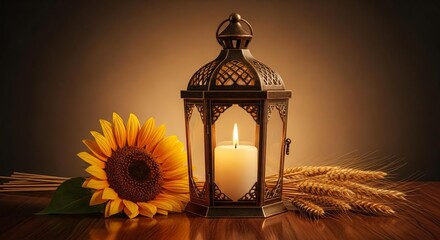 Vintage lantern with lit candle and sunflower on rustic wooden table warm lighting