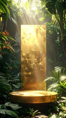 Golden display amidst lush, sunlit jungle. Tropical, exotic