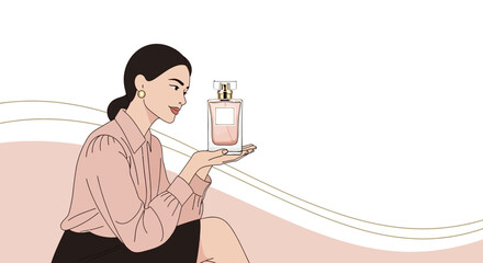 Elegant Woman Holding Perfume Bottle Minimalist Illustration