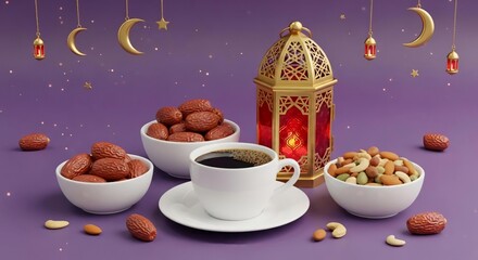 Ramadan iftar table with dates, coffee, lantern and crescent moon decor