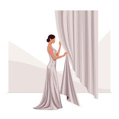 Fototapeta premium Elegant Woman Unveiling Curtain in Minimalist Scene, Revealing an Undisclosed Presence