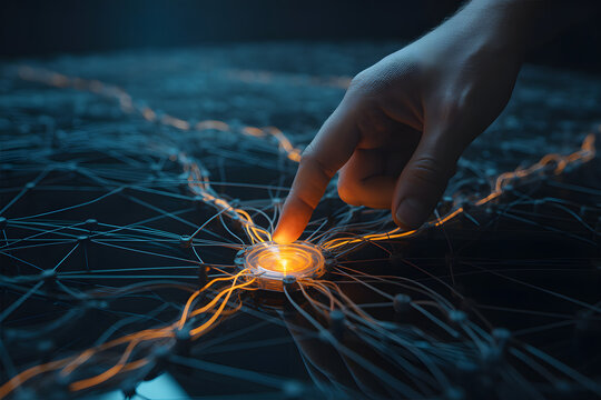 Human finger touches glowing network node initiating data flow across a complex interconnected system in a dark technological setting