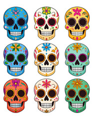 Array of nine cartoon skulls, colorful with floral decorations, facing forward