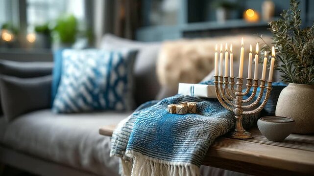 Cozy living room decorated for Hanukkah with lit menorah dreidels gifts and festive blue and white accents, home celebration scene, with copy space