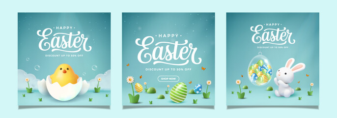 Happy Easter Sale Social Media Template Set 3D Banner Collection © Dibastudio
