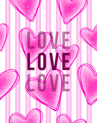 Illustration of pink hearts on a white and pink background.