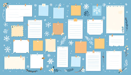 Notes & snowflakes on blue. Winter theme with paper pinned to a board