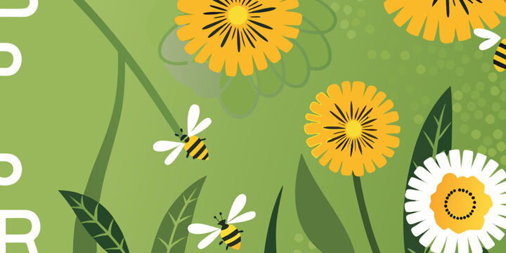 Colorful illustration featuring dandelions daisies bees and green foliage