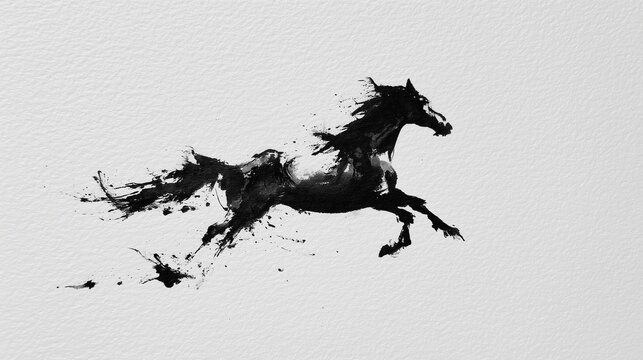 Chinese ink painting silhouette of galloping stallion, horse in sumi-e style for lunar new year zodiac celebration