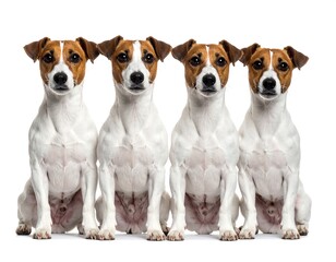 Four brown & white dogs sit aligned on a white backdrop.  Dogs face forward with similar markings