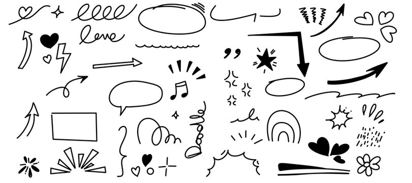 Hand drawn love doodles and symbols vector illustration set with hearts and music