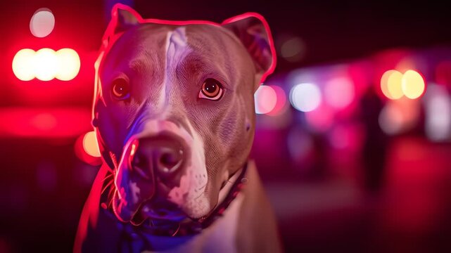 Pitbull dog in front of police lights.