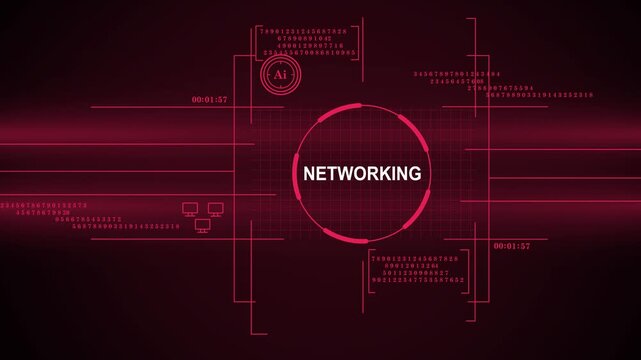 A high-tech digital interface featuring a central networking hub, circular HUD, streaming data, and computer icons on a dark red background, representing advanced communication and artificial intellig