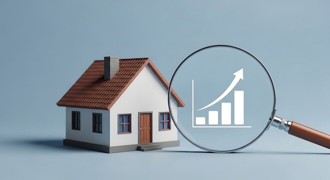 White house with brown roof and door next to magnifying glass with bar graph miniature house growth chart